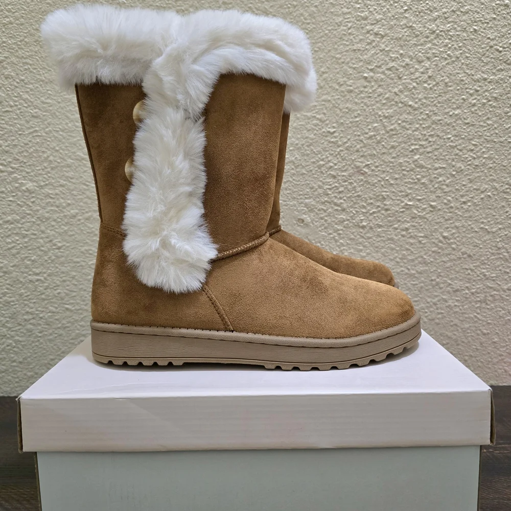 SO Faux Fur Sophia Chestnut‎ Girls Slip On Boots NWT Brown Size 6 Youth